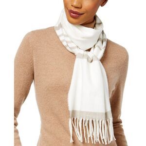 Cejon Womens Striped Woven Scarf One Size Fringed Trim Cream Ivy Italy C4010